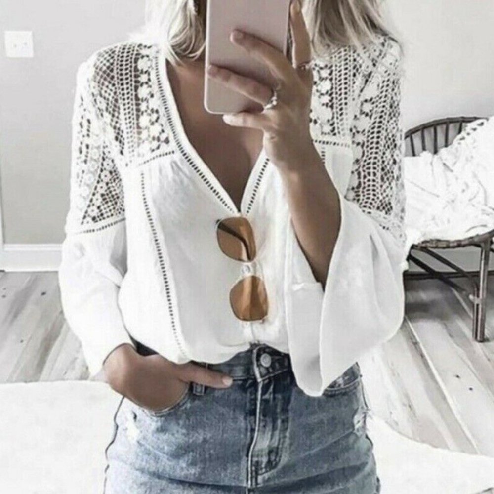 Boho White Lace Festival Button Front Blouse Top - Picture 9 of 9